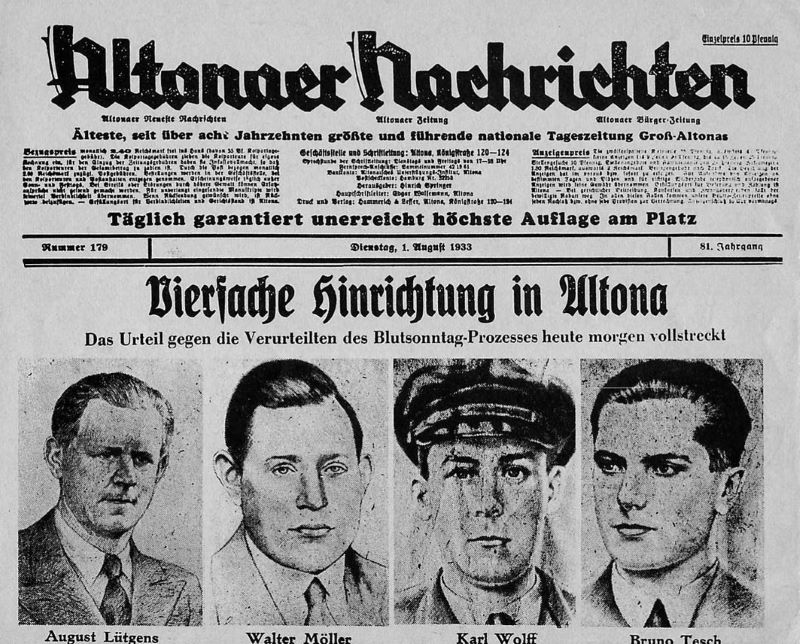 Altonaer Blutsonntag Zeitungsseite 1930er Jahre Zeitungsseiter Altonaer Nachrichten zu den Hinrichtungen nach dem Altonaer Blutsonntag.