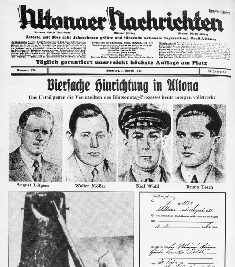 Zeitungsauschnitt Altonaer Nachrichten: Vierfache Hinrichtung in Altona. (Altonaer Blutsonntag 1932)